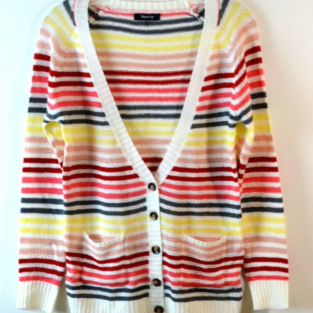 Verty Stripe Knit Button Up Cardigan, Red/Grey